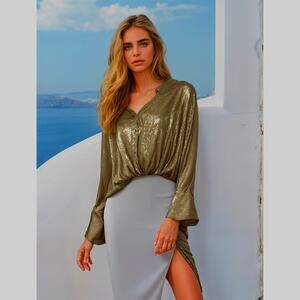 Adrienne Landau Women's L‎ Gold Satin Snake Print Tunic Shirt Luxe Resort wear